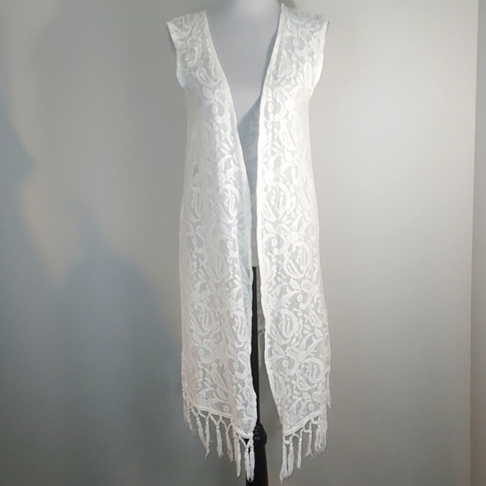 Studio Thirty Six White Lace Long Open Front Cardigan Vest Swim Cover Up O/S